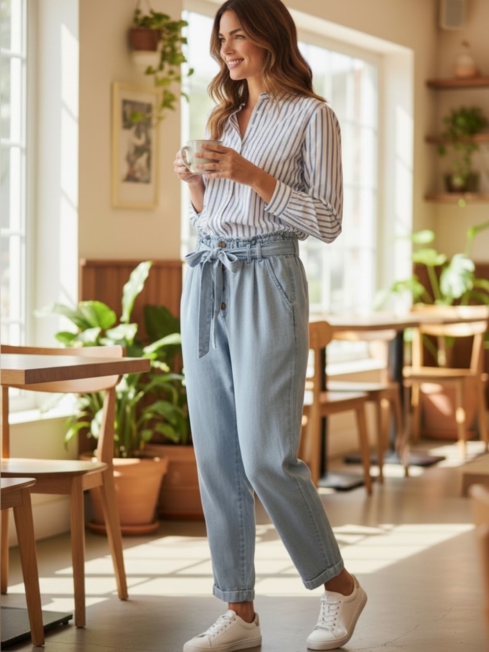 American Eagle Outfitters High Waisted Paperbag Light Blue Chambray Pants Sz Lrg